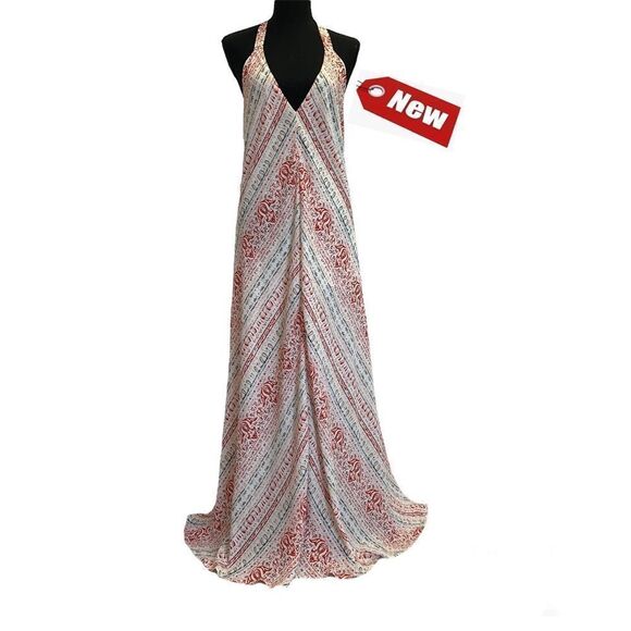 OLIVACEOUS White multicoloured halter low back maxi dress Sz S NWT - Picture 1 of 12